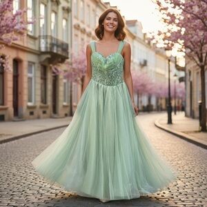 NWT Elegant Apple Green Womens Dress size 6 29” waist, 36”,49” from ctr of bust